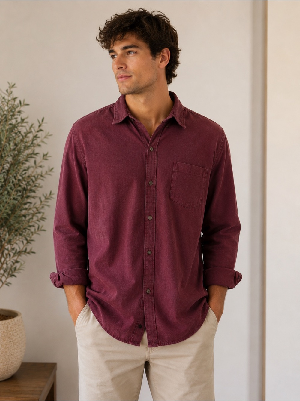 St. John's Bay Men's Long-Sleeve Button-Down Shirt in Wine
